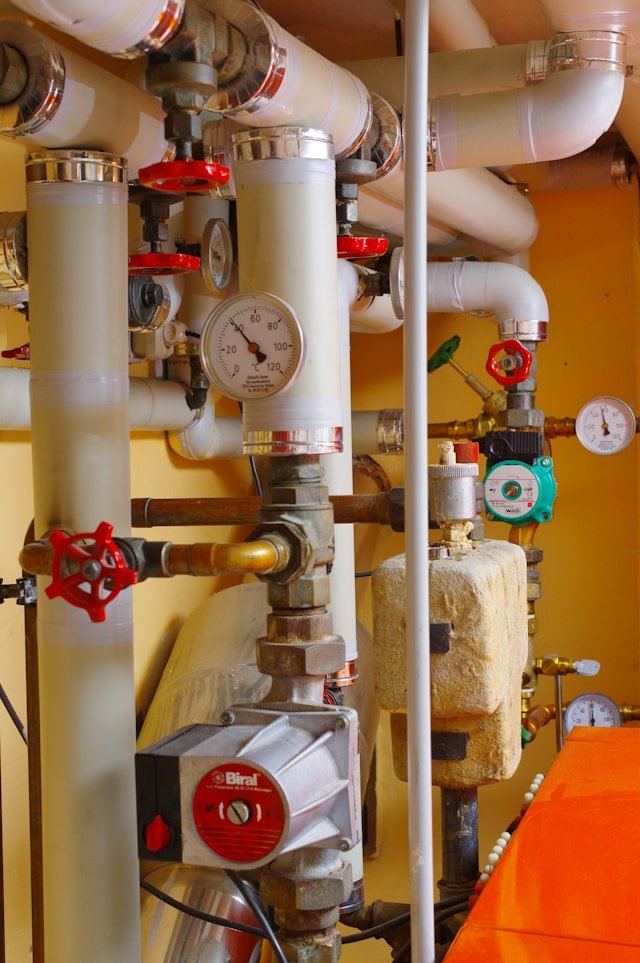 Advanced industrial plumbing and drainage system with pressure gauges and temperature sensors, showcasing Smart Agnes’s technical expertise in mechanical installations and fire safety systems in Qatar.